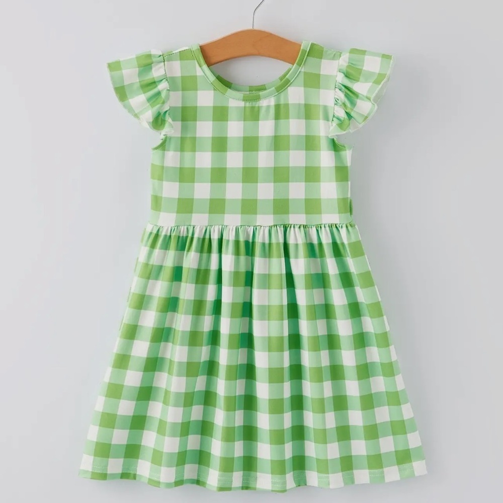 Green and White Checkered Ruffle Short Sleeve Dress NWOT Boutique